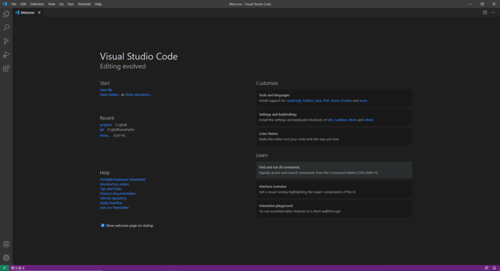 The Visual Studio Code Starting Screen
