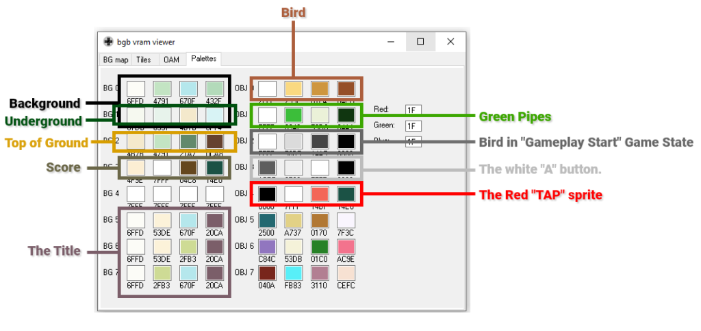 Flappy Bird Gameboy Homebrew Color Palettes in BGB